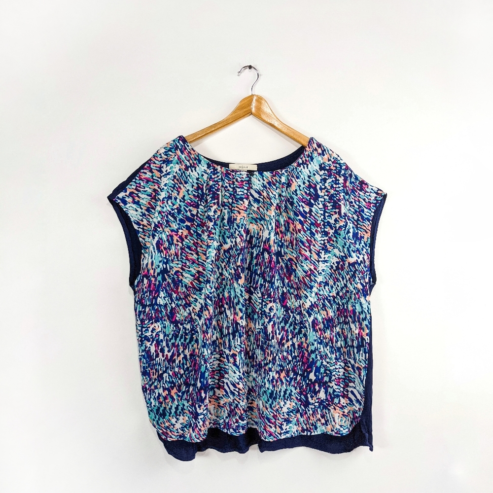 Sejour Abstract Capped Sleeve Blouse with Pleated Keyhole Neckline 2X